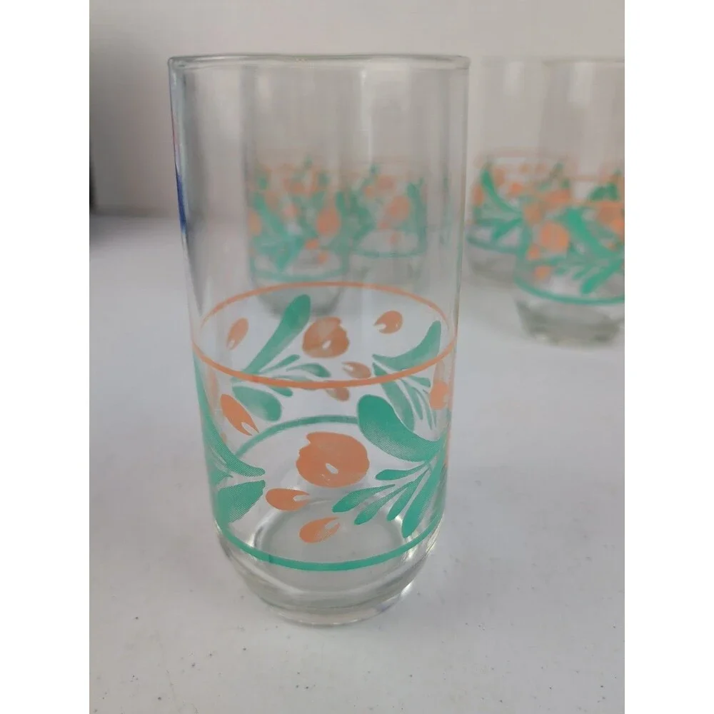 Libbey 17 Ounce  Ice Tea Glasses Clear with Teal And Peach Design MCM Set of 7